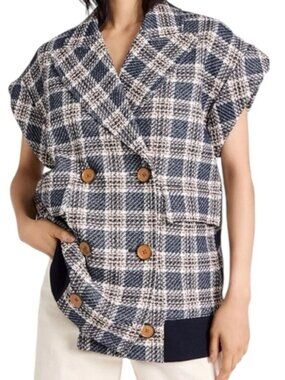 Veronica Beard Enzo Dickey Vest Plaid Tweed Ink Multi Double breasted Oversized